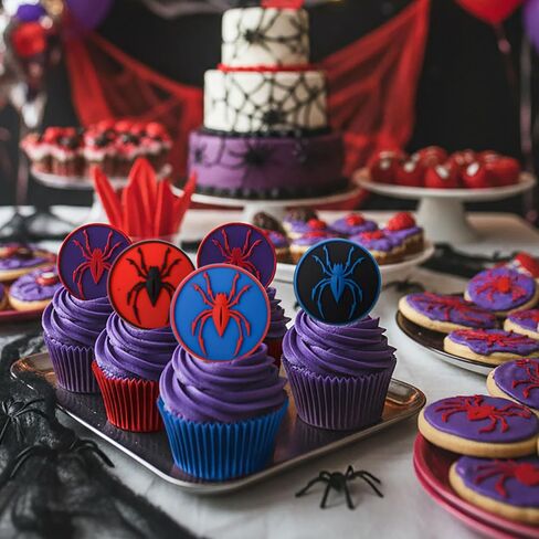 LemonRoad 60 Pcs Spider Cupcake Rings Spider themed birthday Cake Toppers Red Blue Cake Dessert Food Safe Decorations for Birthday Halloween Party Gifts Classroom Prizes in Saudi Arabia