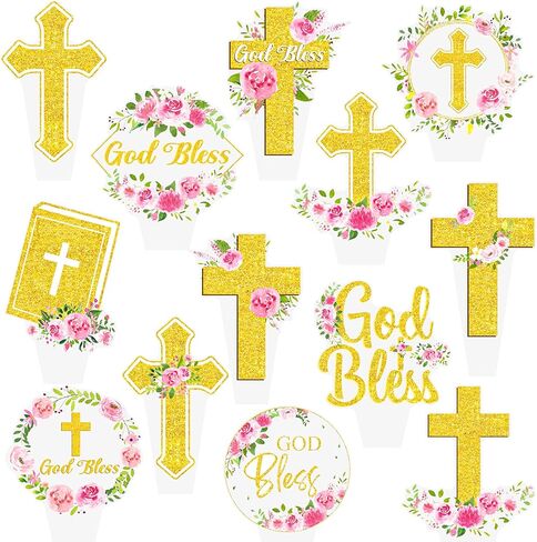 Floral God Bless Baptism Cupcake Toppers for Girls 48Pcs First Holy Communion Party Decorations Christian Cross Cupcake Picks for A Child of God Religious Easter Baby Shower Birthday Party Supplies in Saudi Arabia