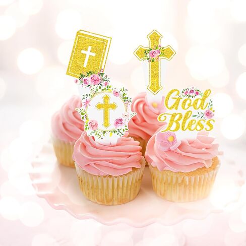 Floral God Bless Baptism Cupcake Toppers for Girls 48Pcs First Holy Communion Party Decorations Christian Cross Cupcake Picks for A Child of God Religious Easter Baby Shower Birthday Party Supplies in Saudi Arabia