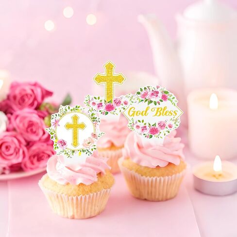 Floral God Bless Baptism Cupcake Toppers for Girls 48Pcs First Holy Communion Party Decorations Christian Cross Cupcake Picks for A Child of God Religious Easter Baby Shower Birthday Party Supplies in Saudi Arabia