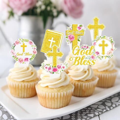 Floral God Bless Baptism Cupcake Toppers for Girls 48Pcs First Holy Communion Party Decorations Christian Cross Cupcake Picks for A Child of God Religious Easter Baby Shower Birthday Party Supplies in Saudi Arabia