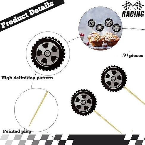 50PCS Tire Cupcake Topper,Racing Wheel Cake Topper,Tyre Cake Decorations for Baby Shower Birthday Party, Racing Theme Party Boys Girls Happy Birthday Party Decorations in Saudi Arabia