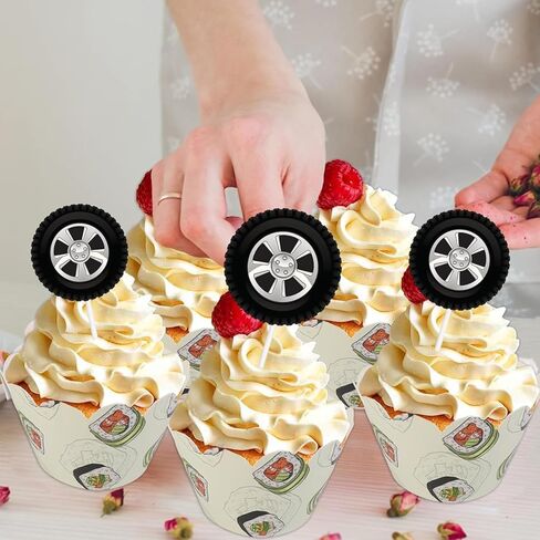 50PCS Tire Cupcake Topper,Racing Wheel Cake Topper,Tyre Cake Decorations for Baby Shower Birthday Party, Racing Theme Party Boys Girls Happy Birthday Party Decorations in Saudi Arabia