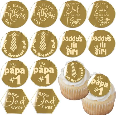 12 Pcs Happy Father's Day Cupcake Toppers Acrylic Mirror Disc Best Dad Ever Cake Toppers World Greatest Dad Cake Engraved Topper Charms Decorations for Dad Day Party Supplies (Gold) in Saudi Arabia