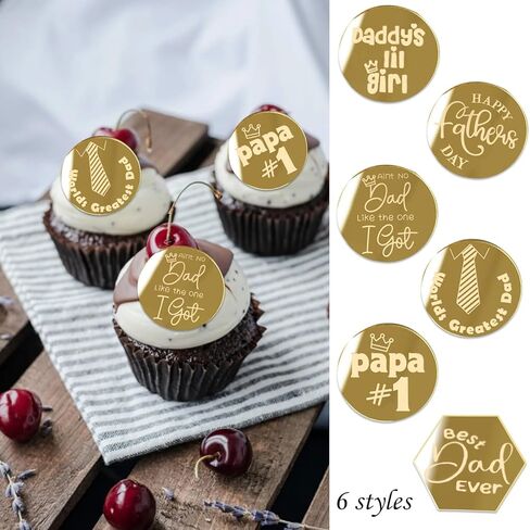 12 Pcs Happy Father's Day Cupcake Toppers Acrylic Mirror Disc Best Dad Ever Cake Toppers World Greatest Dad Cake Engraved Topper Charms Decorations for Dad Day Party Supplies (Gold) in Saudi Arabia