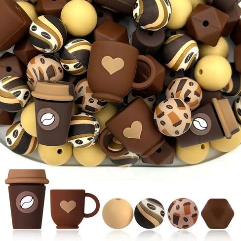56pcs Coffee Theme - 3D Coffee Focus Beads, 15mm Silicone Round Beads for DIY Keychains, Beaded Pens, Charms, Home Decor, Jewelry, and More in Saudi Arabia