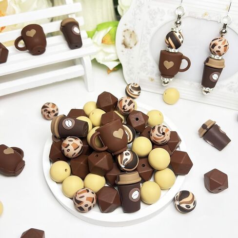 56pcs Coffee Theme - 3D Coffee Focus Beads, 15mm Silicone Round Beads for DIY Keychains, Beaded Pens, Charms, Home Decor, Jewelry, and More in Saudi Arabia