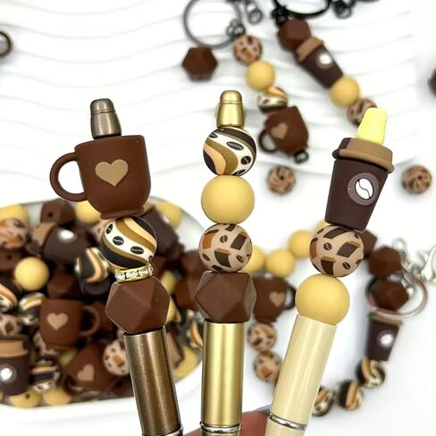 56pcs Coffee Theme - 3D Coffee Focus Beads, 15mm Silicone Round Beads for DIY Keychains, Beaded Pens, Charms, Home Decor, Jewelry, and More in Saudi Arabia