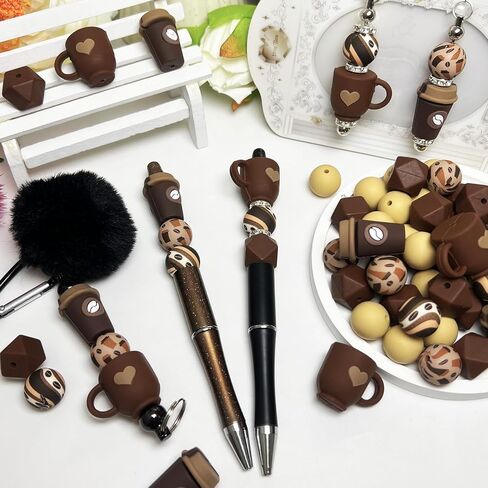 56pcs Coffee Theme - 3D Coffee Focus Beads, 15mm Silicone Round Beads for DIY Keychains, Beaded Pens, Charms, Home Decor, Jewelry, and More in Saudi Arabia