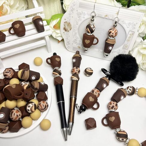 56pcs Coffee Theme - 3D Coffee Focus Beads, 15mm Silicone Round Beads for DIY Keychains, Beaded Pens, Charms, Home Decor, Jewelry, and More in Saudi Arabia