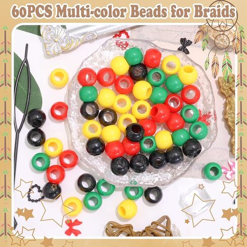 NAISKA 60PCS Hair Beads for Braids 4 Colors Beads for Hair Red Black Braid Bead Yellow Green Loc Pony Bead Dreadlock Jewelry African Hair Accessories for Kids Girls Loc in Saudi Arabia