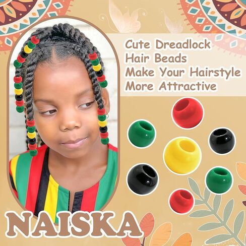NAISKA 60PCS Hair Beads for Braids 4 Colors Beads for Hair Red Black Braid Bead Yellow Green Loc Pony Bead Dreadlock Jewelry African Hair Accessories for Kids Girls Loc in Saudi Arabia