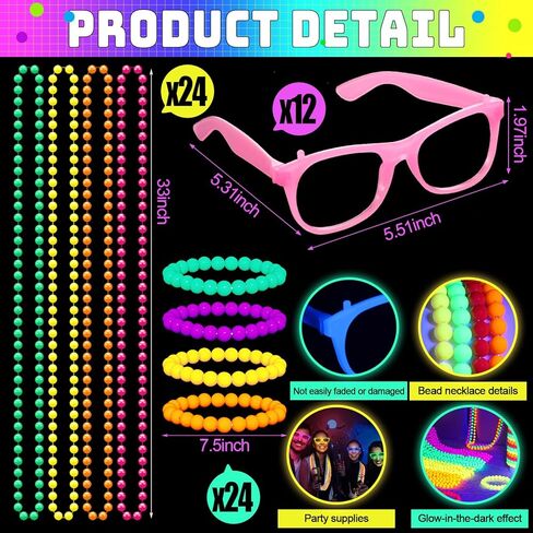 60 Pcs Glow in the Dark Party Supplies Neon Party Favors Jewelry Glow in the Dark Glasses Beaded Necklaces Bracelets Neon Accessories 80s Birthday Photo Booth Props for Women Men Adult Game in Saudi Arabia