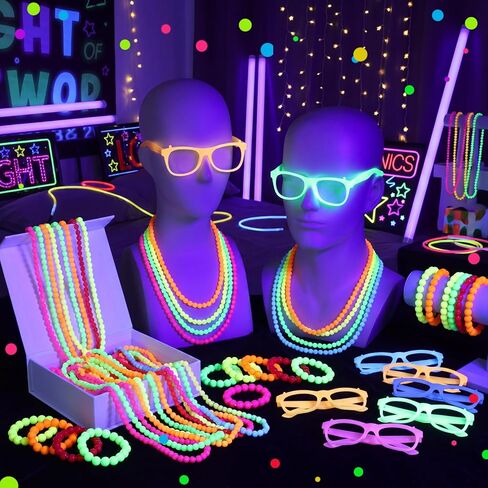 60 Pcs Glow in the Dark Party Supplies Neon Party Favors Jewelry Glow in the Dark Glasses Beaded Necklaces Bracelets Neon Accessories 80s Birthday Photo Booth Props for Women Men Adult Game in Saudi Arabia