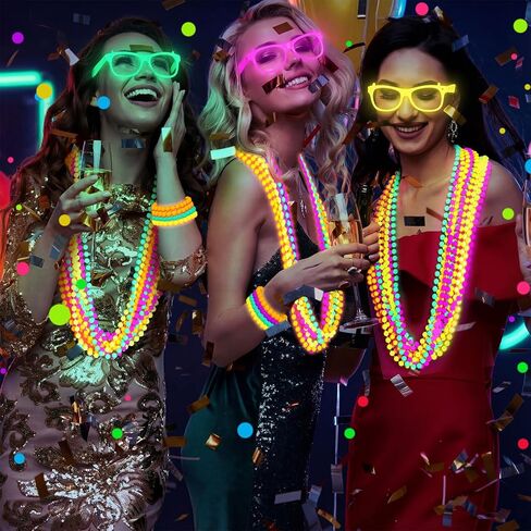60 Pcs Glow in the Dark Party Supplies Neon Party Favors Jewelry Glow in the Dark Glasses Beaded Necklaces Bracelets Neon Accessories 80s Birthday Photo Booth Props for Women Men Adult Game in Saudi Arabia