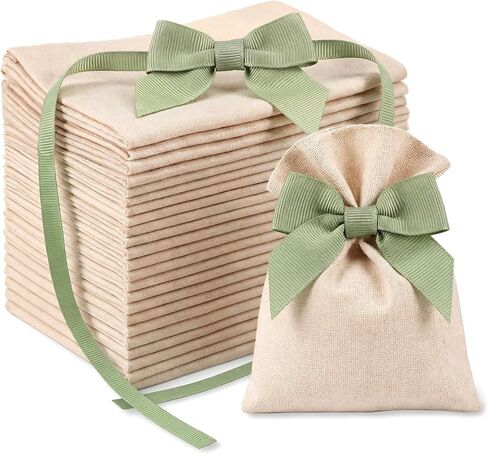 Windyun 30 Pcs Beige Small Burlap Gift Bags with Sage Green Bow, 6x4 Inch Rustic Boho Drawstring Favor Pouches, Reusable Linen Gift Bags for Wedding Bridal Shower Baby Shower Birthday Party Favors in Kuwait