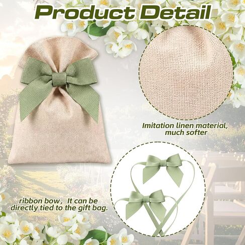 Windyun 30 Pcs Beige Small Burlap Gift Bags with Sage Green Bow, 6x4 Inch Rustic Boho Drawstring Favor Pouches, Reusable Linen Gift Bags for Wedding Bridal Shower Baby Shower Birthday Party Favors in Kuwait