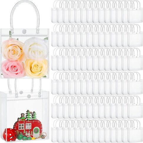 Abbylike 200 Pcs Clear Plastic Gift Bags with Handles 5.9x6.3x2.8 Inch, Bulk Transparent PVC Small Shopping Tote Bags Reusable with Button for Mother's Day Wedding Party Favors Boutique Merchandise in Kuwait