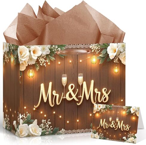 Wedding Gift Bags Mr and Mrs Engagement Gift Bags Elegant Bridal Shower Gifts Bag With Tissue Paper Greeting Card Wedding Wrapping Paper Party Favor Bag for Mr&Mrs Engagement Party Supplies Decor in Saudi Arabia