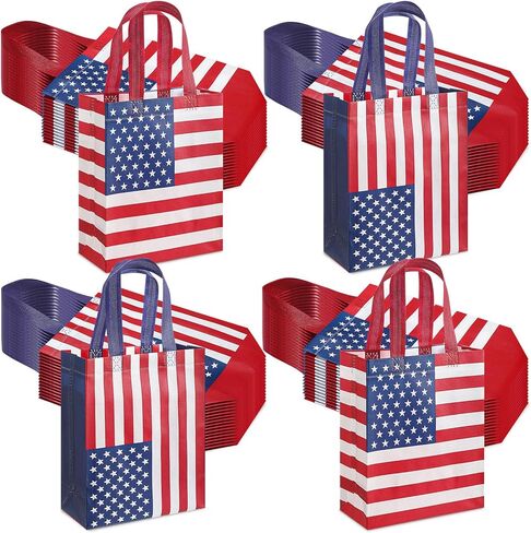 Wovnet 30 Pcs Patriotic Gift Bag with Handle 4th of July American Flag Red White Blue Party Favor Bag Reusable Non Woven Goody Treat in Saudi Arabia
