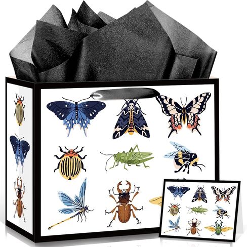 Wauprant Funny Bug Gift Bag for Boys Girls Bug Birthday Gift Bag with Wrapping Paper and Card Insect Butterfly Dragonfly Beetle Mantis Bag for Insect Lovers Baby Shower Bday Party Decor Supplies in Saudi Arabia