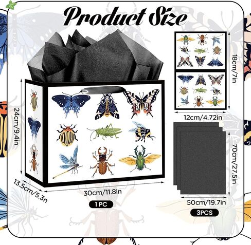 Wauprant Funny Bug Gift Bag for Boys Girls Bug Birthday Gift Bag with Wrapping Paper and Card Insect Butterfly Dragonfly Beetle Mantis Bag for Insect Lovers Baby Shower Bday Party Decor Supplies in Saudi Arabia