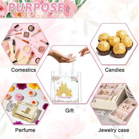 24Pcs Princess Birthday Party Favor Bags PVC Gift Snacks Bag With Handle 5.9 x 2.8 x 6.3 Inches Castle Floral Fairy Princess Theme Treat Candy Goodies Plastic Bag for Birthday Baby Shower Supplies in Saudi Arabia