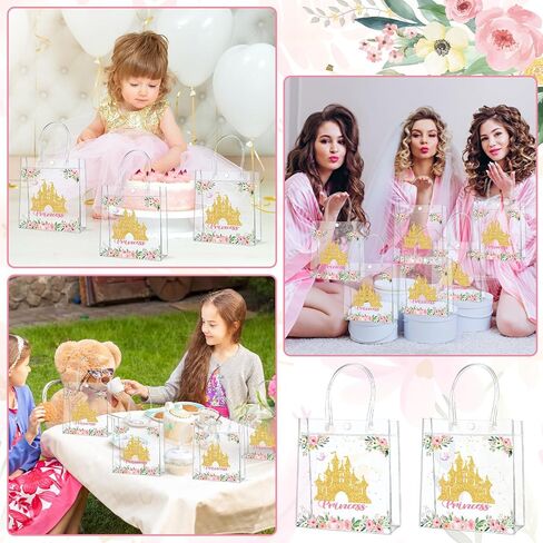 24Pcs Princess Birthday Party Favor Bags PVC Gift Snacks Bag With Handle 5.9 x 2.8 x 6.3 Inches Castle Floral Fairy Princess Theme Treat Candy Goodies Plastic Bag for Birthday Baby Shower Supplies in Saudi Arabia