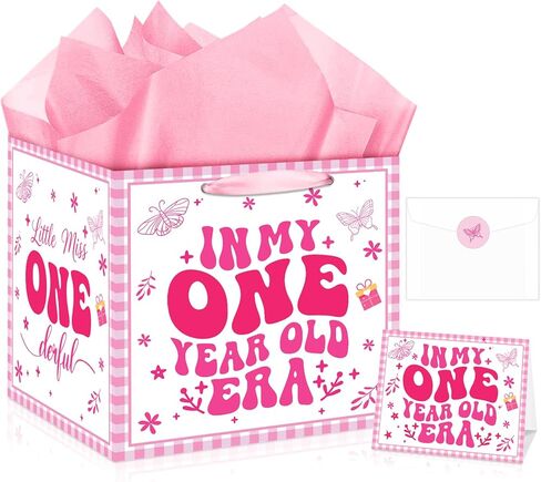 Extra Large 1st Birthday Gift Bag for Baby Girl Square Jumbo Little Miss Onederful Gift Bag Set with Greeting Card, Sticker, Envelope & Pink Wrapping Paper First Birthday Gifts for One Year Old Girls in Kuwait