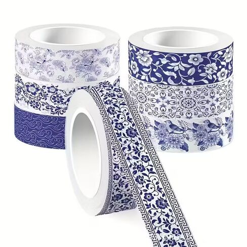6PCS Blue & White Porcelain Style Semi-Matte Washi Tape – Chinese Pattern, Medium Adhesion Decorative Tape for Art, Craft, Journal, Gift Wrapping, Ideal for Holiday & Birthday Gifts in Kuwait