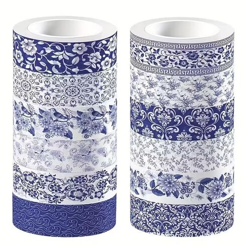 6PCS Blue & White Porcelain Style Semi-Matte Washi Tape – Chinese Pattern, Medium Adhesion Decorative Tape for Art, Craft, Journal, Gift Wrapping, Ideal for Holiday & Birthday Gifts in Kuwait