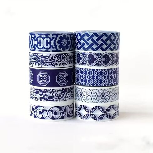 6PCS Blue & White Porcelain Style Semi-Matte Washi Tape – Chinese Pattern, Medium Adhesion Decorative Tape for Art, Craft, Journal, Gift Wrapping, Ideal for Holiday & Birthday Gifts in Kuwait