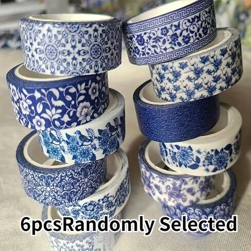 6PCS Blue & White Porcelain Style Semi-Matte Washi Tape – Chinese Pattern, Medium Adhesion Decorative Tape for Art, Craft, Journal, Gift Wrapping, Ideal for Holiday & Birthday Gifts in Kuwait
