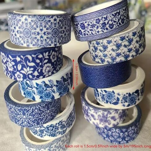6PCS Blue & White Porcelain Style Semi-Matte Washi Tape – Chinese Pattern, Medium Adhesion Decorative Tape for Art, Craft, Journal, Gift Wrapping, Ideal for Holiday & Birthday Gifts in Kuwait