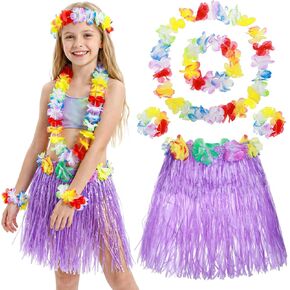Hawaiian Grass Skirt Set for Girls, 40cm Hula Skirt with Elastic Flowers Headband Necklace and Wristbands, Hawaiian Dresses Accessories for Luau Tropical Beach Party Supplies (Purple) in Saudi Arabia