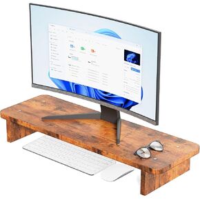 Rustic Wood Monitor Stand Riser, Brown, 60x20x8.5cm, Desk Organizer for Home and Office in Saudi Arabia