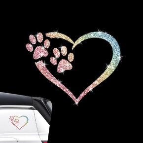 Bling Heart with Dog Paw Reflective Decal, 5.9" x 4.72" Waterproof Vinyl Window Sticker, Sparkly Footprint Heart Decor Decal, Universal for Most Cars, Motorcycles (White) in Saudi Arabia
