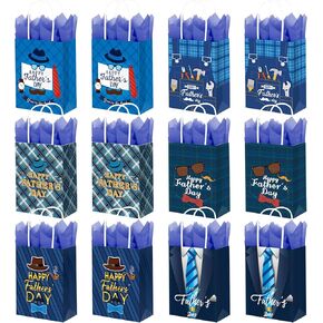 DECEED 12 PCS Fathers Day Gift Bags with Handles & Tissue Paper, Happy Fathers Day Paper Bags for Dad, Grandpa, Men, Fathers Day Birthday Party Favors & Holiday Gift Wrapping Supplies in Saudi Arabia