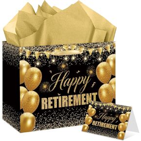 YXYASR Black Gold Happy Retirement Gift Bag Set with Tissue Paper and Card, Envelope - Large Retirement Gift Bags for Men, Women, Boss, Coworker - Elegant Farewell Party Supplies in Kuwait