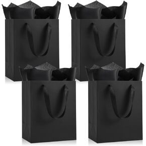 PASEOTA 4 Pack Black Gift Bags with Handles and Tissue Paper, 10" x 8" x 5" Small Black Paper Bags for Men Women Birthday Party Wedding Baby Shower Father's Day (BK-S, 4 Pcs) in Saudi Arabia