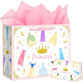 Reyoust 13" Large Princess Themed Gift Bags With Handles and Pink Wrapping Paper Greeting Card Crown Dress Design Gift Bag for Girls Birthday Party Baby shower Decor 1Pcs 13" L x 10.2" H x 4.9" W in Saudi Arabia