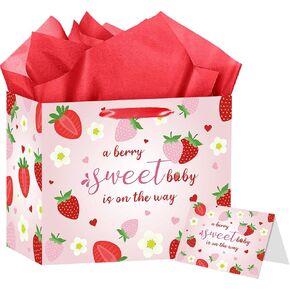 HZRNNA Large Strawberry Birthday Gift Bag, Pink Strawberry Baby Shower Bag with Card and Tissue Paper, Berry Sweet Birthday Party Decorations for Newborns, Baby Girls, Baby Shower Supplies in Saudi Arabia