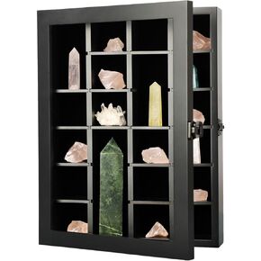 KCRasan Adjustable Rock Display Case - Wooden Crystal Organizer for Stones Storage - Rock Collection Box with Shelves for Agate Opal Crystal Stone Arrowheads Spear Points Rocks Small Black in Saudi Arabia