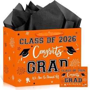 aqwithaj Large Orange and Black Graduation Gift Bag with Tissue Paper and Greeting Card Class of 2026 Congrats Grad Gift Wrapping Paper Bag for College High School Graduates in Saudi Arabia