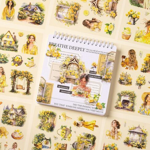 YagCu Yellow Blue Journaling Stickers, 40 Sheets Scrapbook Sticker, Seasons Junk Journal Supplies, Pre-Cut Aesthetic PET Materials for Adults, Decorative DIY Arts Crafts in Saudi Arabia