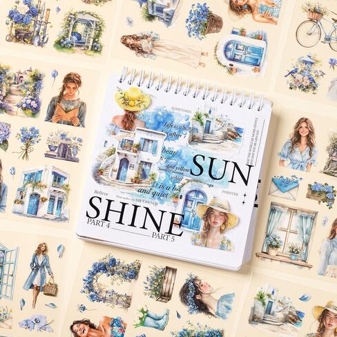 YagCu Yellow Blue Journaling Stickers, 40 Sheets Scrapbook Sticker, Seasons Junk Journal Supplies, Pre-Cut Aesthetic PET Materials for Adults, Decorative DIY Arts Crafts in Saudi Arabia