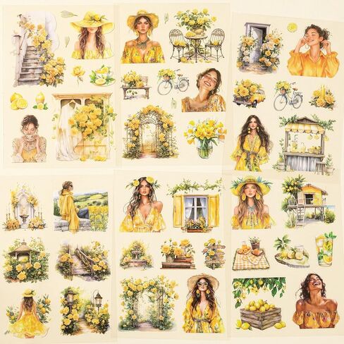 YagCu Yellow Blue Journaling Stickers, 40 Sheets Scrapbook Sticker, Seasons Junk Journal Supplies, Pre-Cut Aesthetic PET Materials for Adults, Decorative DIY Arts Crafts in Saudi Arabia