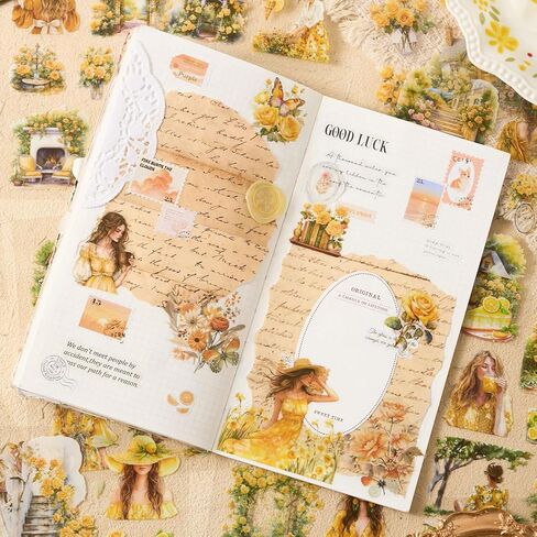 YagCu Yellow Blue Journaling Stickers, 40 Sheets Scrapbook Sticker, Seasons Junk Journal Supplies, Pre-Cut Aesthetic PET Materials for Adults, Decorative DIY Arts Crafts in Saudi Arabia