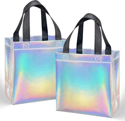Catlovecorn 18 Pcs Small Iridescent Reusable Gift Bags with Handles, Non-Woven Goodie Bags 7.8"x7.8"x3.9", Rainbow Party Favor Bags for Birthday Wedding Bachelorette Baby Shower in Saudi Arabia