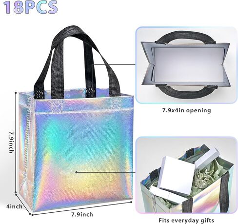 Catlovecorn 18 Pcs Small Iridescent Reusable Gift Bags with Handles, Non-Woven Goodie Bags 7.8"x7.8"x3.9", Rainbow Party Favor Bags for Birthday Wedding Bachelorette Baby Shower in Saudi Arabia